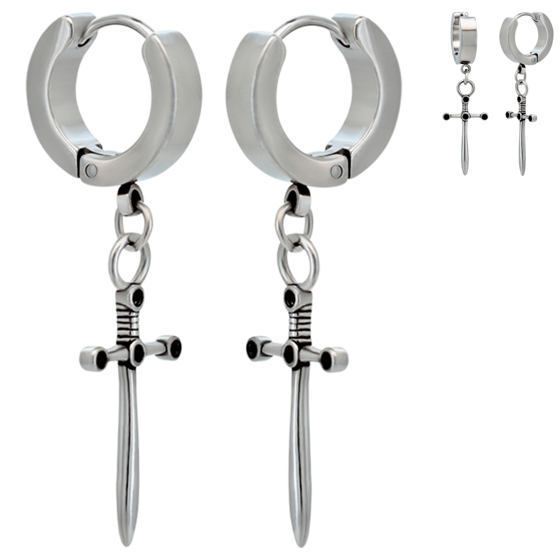 Hypoallergenic 316L Stainless Steel Medieval Dagger Huggies Hoop Earrings – Steel Plated Ear Piercing Design.