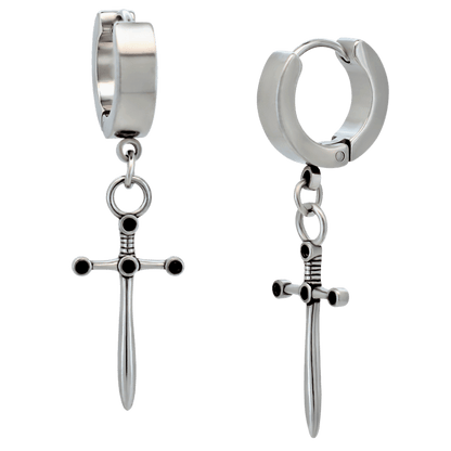 Hypoallergenic 316L Stainless Steel Medieval Dagger Huggies Hoop Earrings – Steel Plated Ear Piercing Design