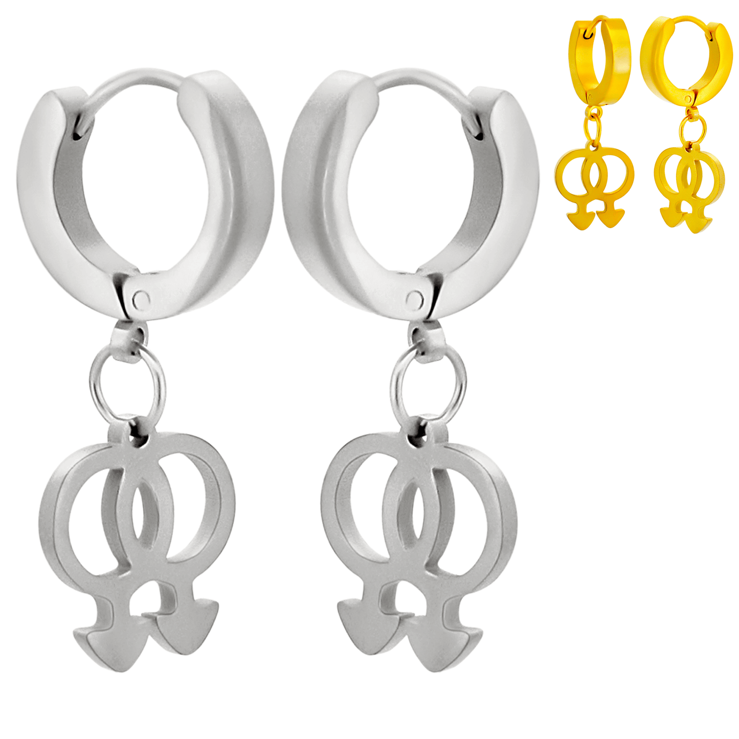 Hypoallergenic 316L Stainless Steel Dangling LGBT Pride Symbol Huggies – Steel, Gold & Black Plated Clip-On Earrings.