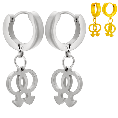 Hypoallergenic 316L Stainless Steel Dangling LGBT Pride Symbol Huggies – Steel, Gold & Black Plated Clip-On Earrings.
