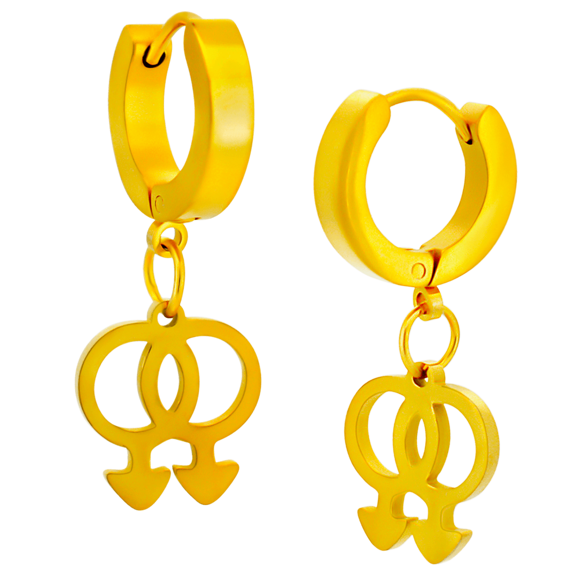 Hypoallergenic 316L Stainless Steel Dangling LGBT Pride Symbol Huggies – Steel, Gold & Black Plated Clip-On Earrings
