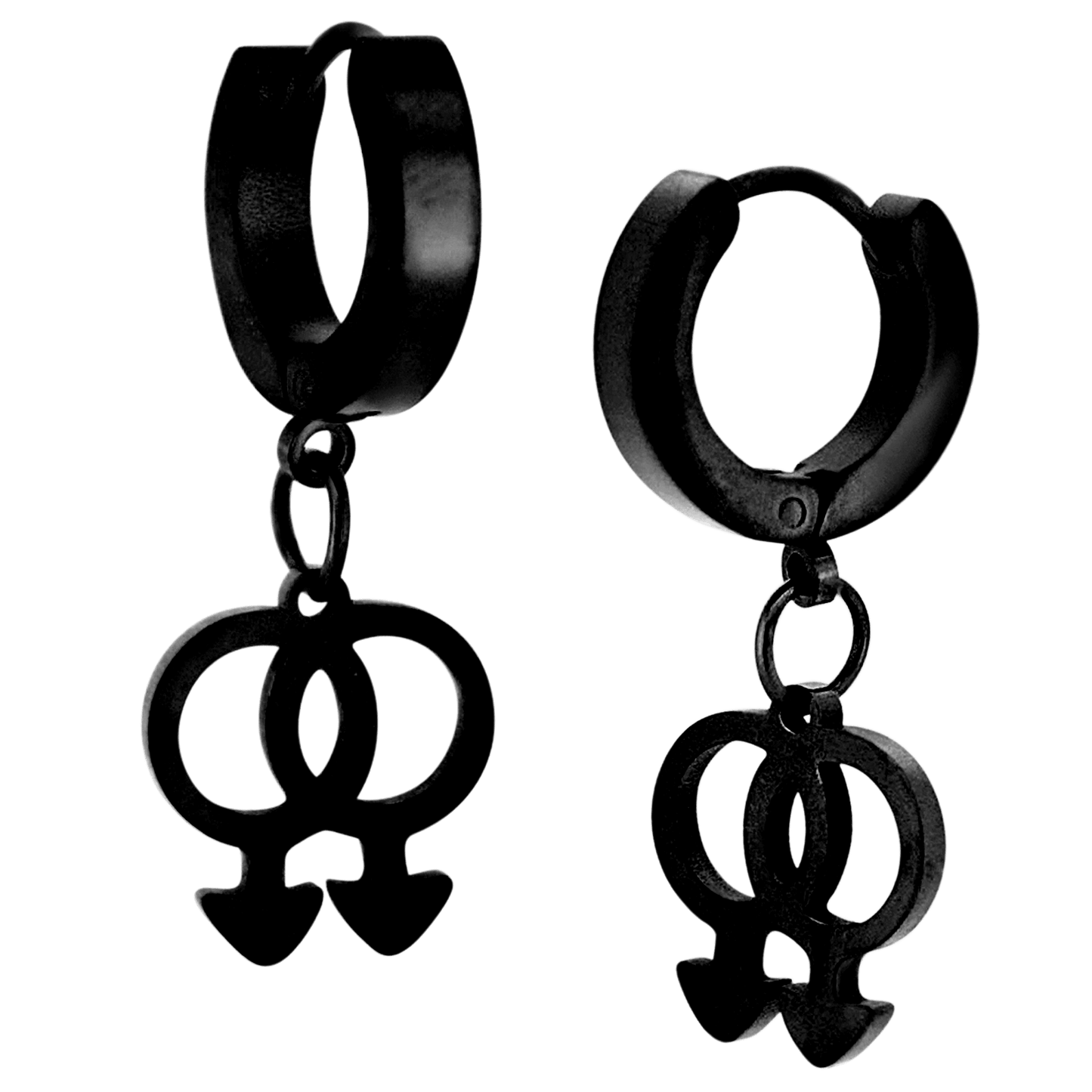 Hypoallergenic 316L Stainless Steel Dangling LGBT Pride Symbol Huggies – Steel, Gold & Black Plated Clip-On Earrings