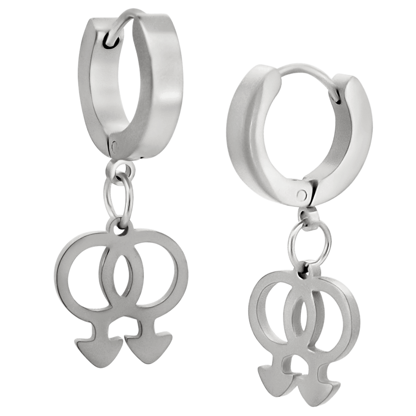Hypoallergenic 316L Stainless Steel Dangling LGBT Pride Symbol Huggies – Steel, Gold & Black Plated Clip-On Earrings.