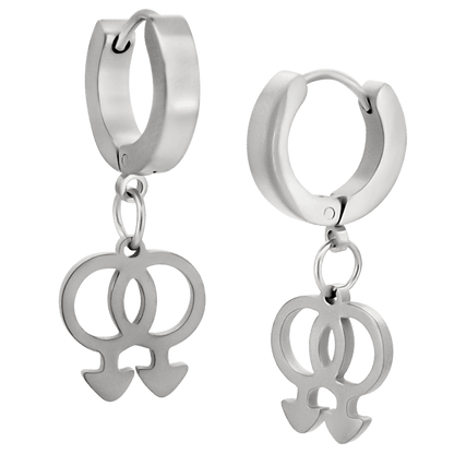 Hypoallergenic 316L Stainless Steel Dangling LGBT Pride Symbol Huggies – Steel, Gold & Black Plated Clip-On Earrings.