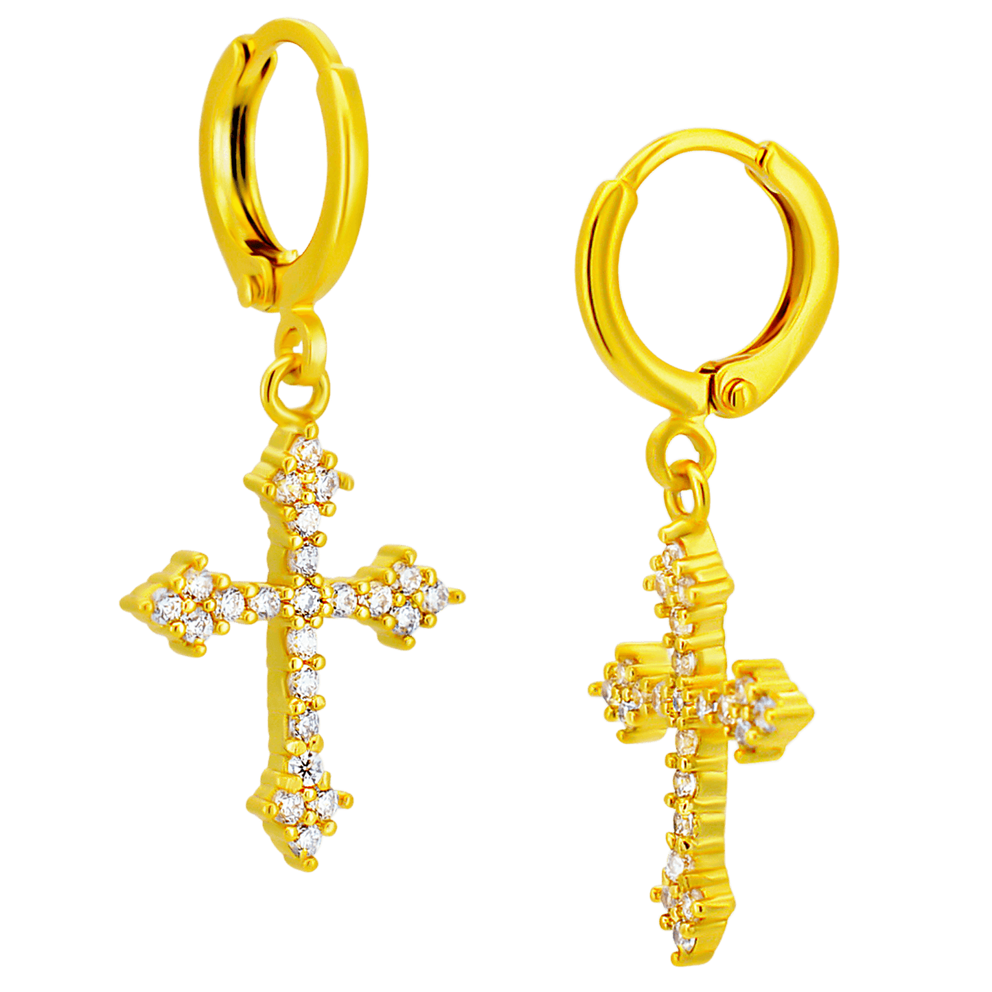 Hypoallergenic 316L Stainless Steel Dangling Cross Zircon Huggies – Gold & Steel Plated Clip-On Earrings