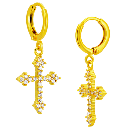 Hypoallergenic 316L Stainless Steel Dangling Cross Zircon Huggies – Gold & Steel Plated Clip-On Earrings