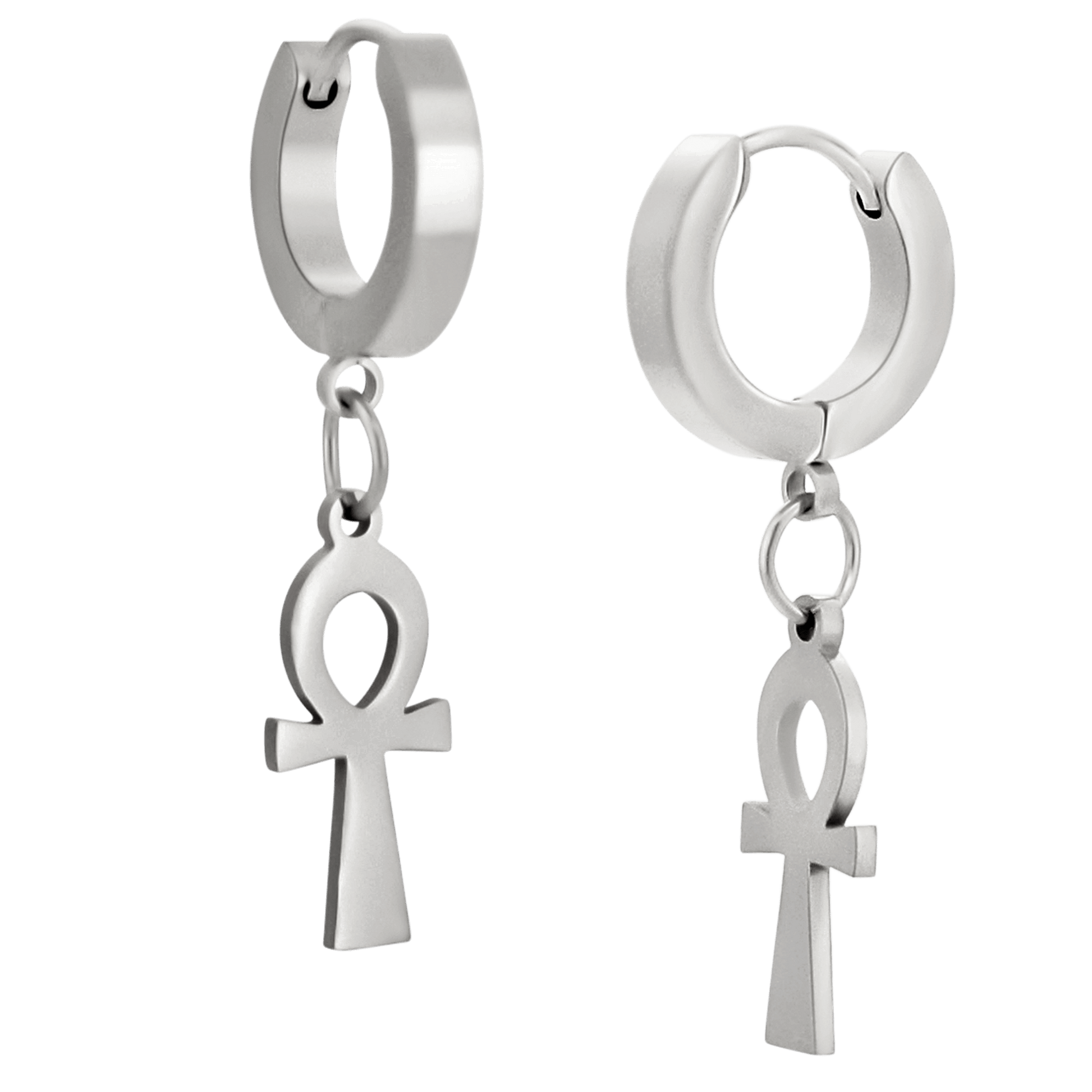 Hypoallergenic 316L Stainless Steel Dangling Ankh Cross Huggies – Steel, Gold, Black & Rainbow Plated Clip-On Earrings