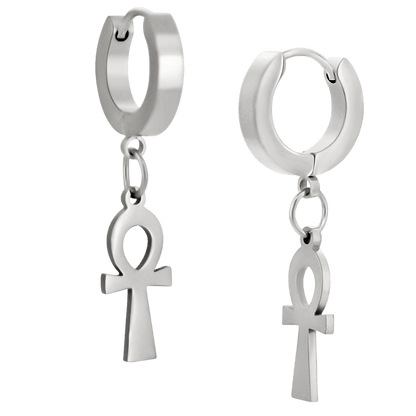 Hypoallergenic 316L Stainless Steel Dangling Ankh Cross Huggies – Steel, Gold, Black & Rainbow Plated Clip-On Earrings