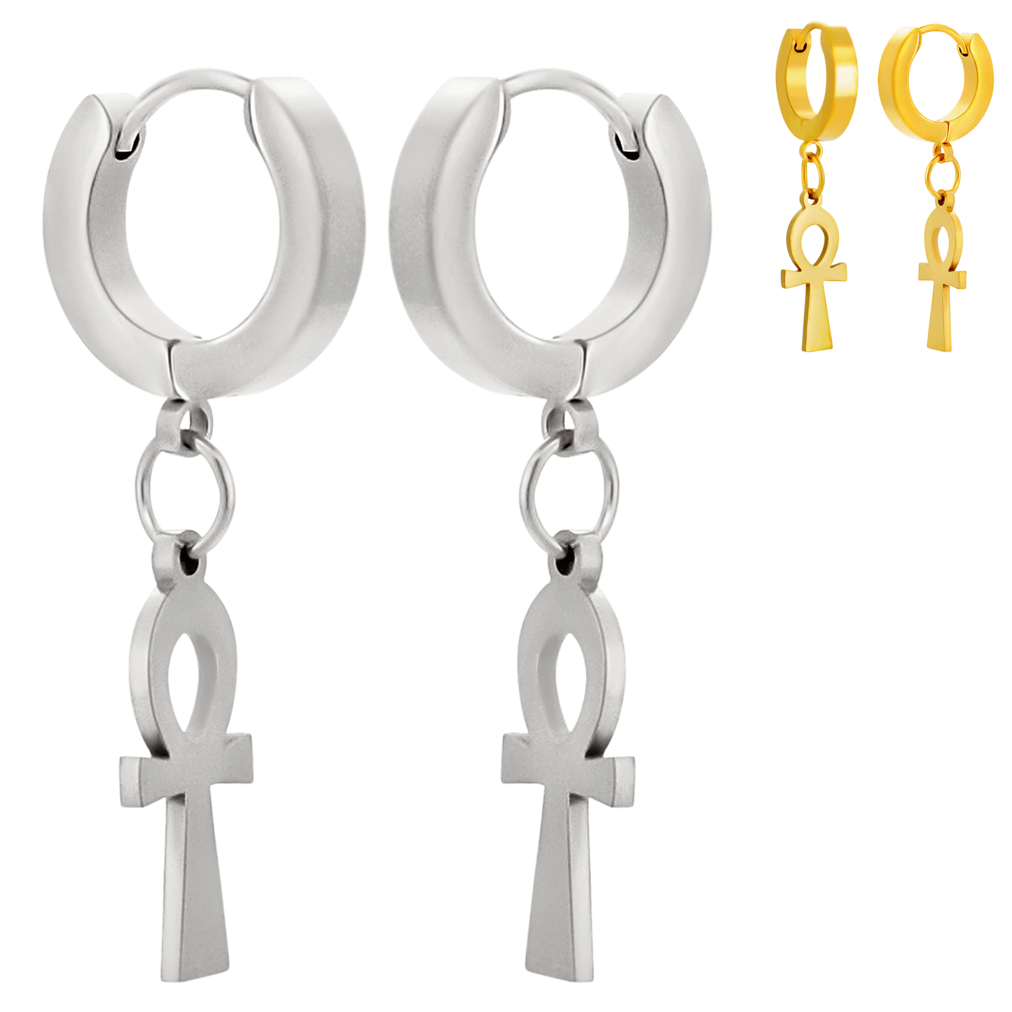 Hypoallergenic 316L Stainless Steel Dangling Ankh Cross Huggies – Steel, Gold, Black & Rainbow Plated Clip-On Earrings
