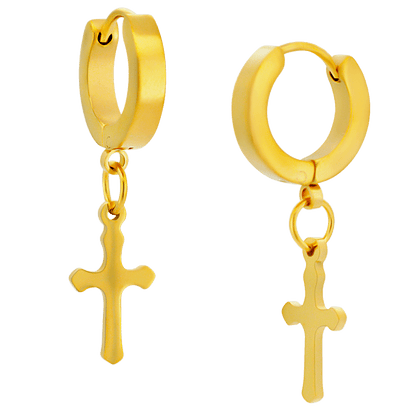 Hypoallergenic 316L Stainless Steel Dangling Cross Huggies – Steel, Gold, Black, Rose Gold & Rainbow Plated Clip-On Earrings