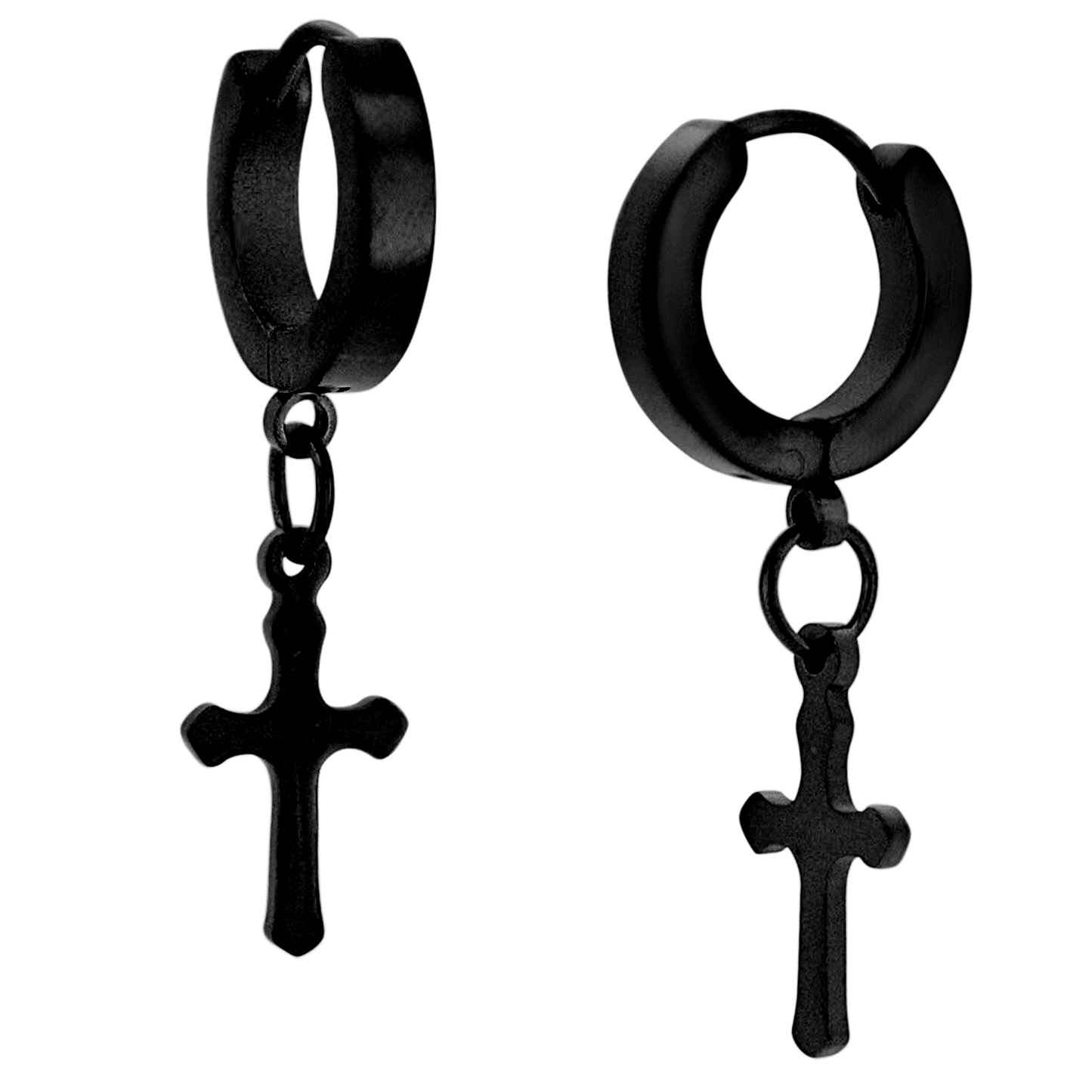 Hypoallergenic 316L Stainless Steel Dangling Cross Huggies – Steel, Gold, Black, Rose Gold & Rainbow Plated Clip-On Earrings