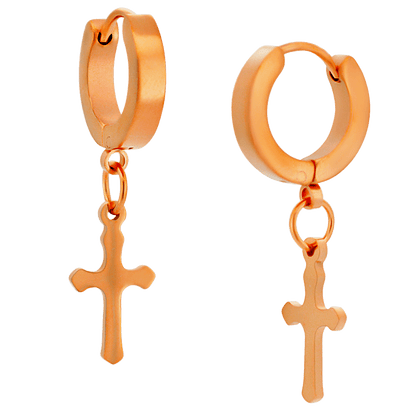 Hypoallergenic 316L Stainless Steel Dangling Cross Huggies – Steel, Gold, Black, Rose Gold & Rainbow Plated Clip-On Earrings