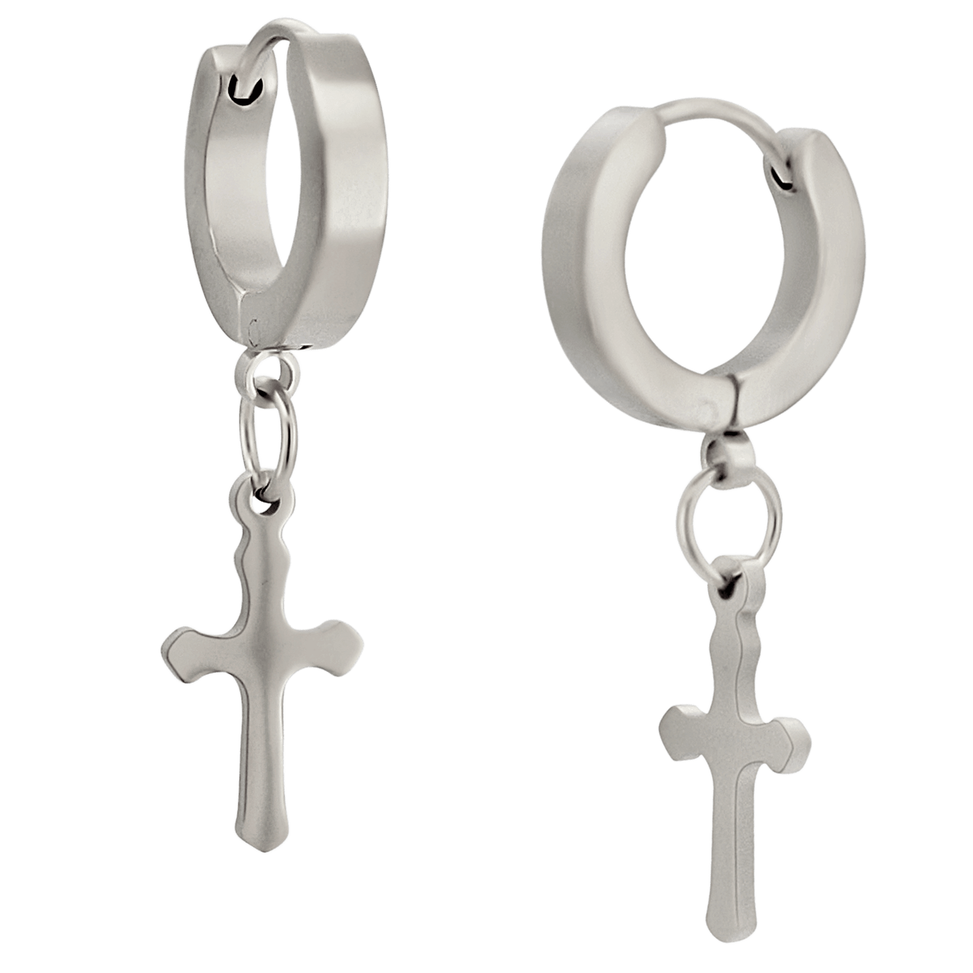 Hypoallergenic 316L Stainless Steel Dangling Cross Huggies – Steel, Gold, Black, Rose Gold & Rainbow Plated Clip-On Earrings