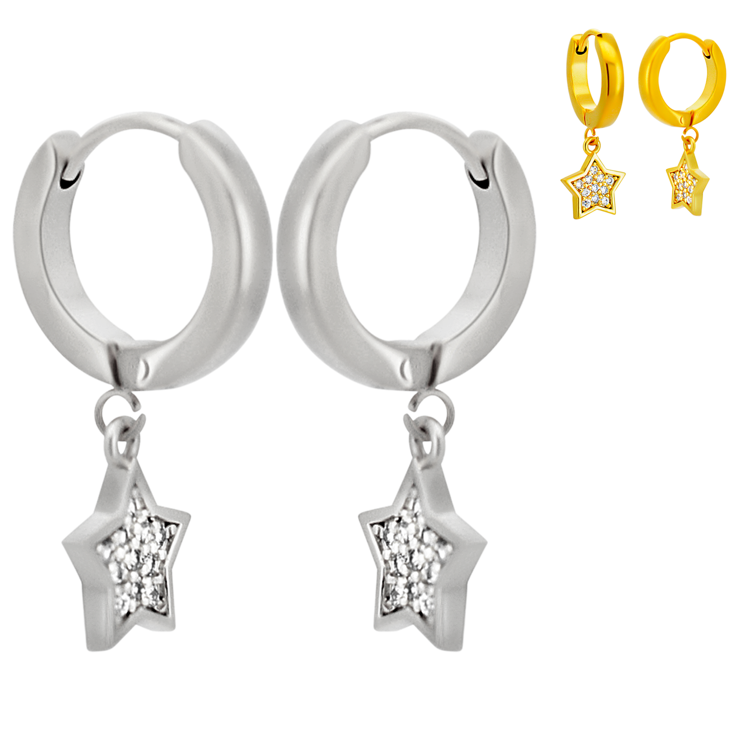 Hypoallergenic 316L Stainless Steel Dangling Star Zircon Huggies – Clip-On Earrings