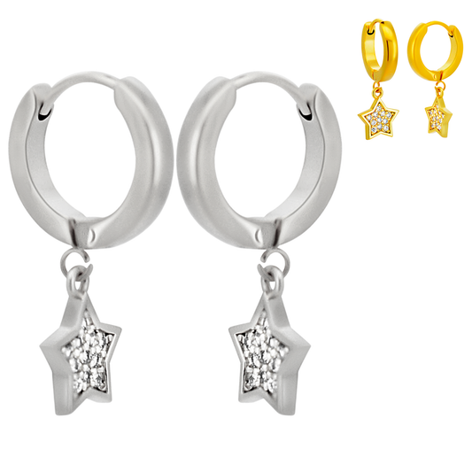 Hypoallergenic 316L Stainless Steel Dangling Star Zircon Huggies – Clip-On Earrings