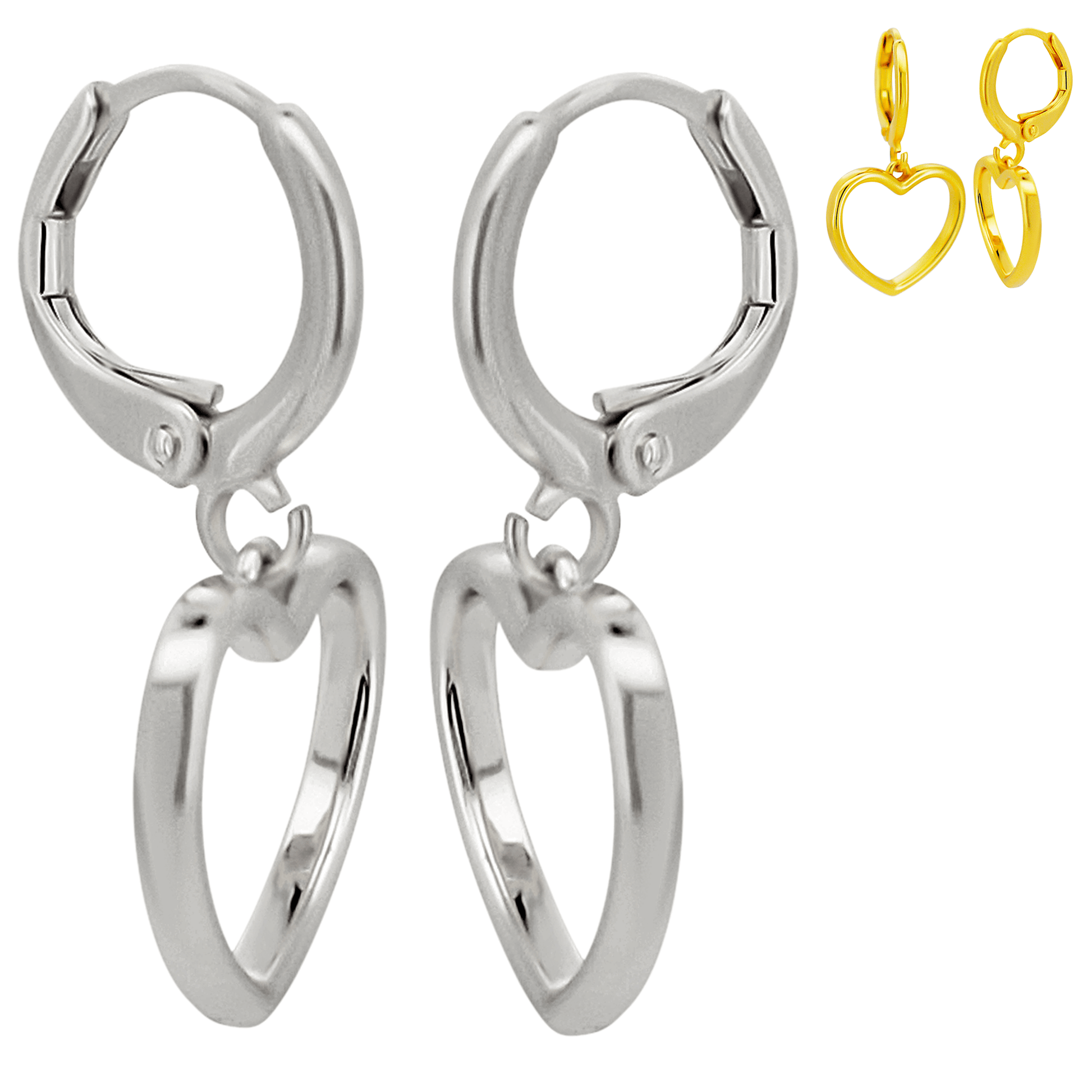 Hypoallergenic 316L Stainless Steel Hollow Heart Dangling Huggies – Clip-On Earrings displayed with gold heart design.