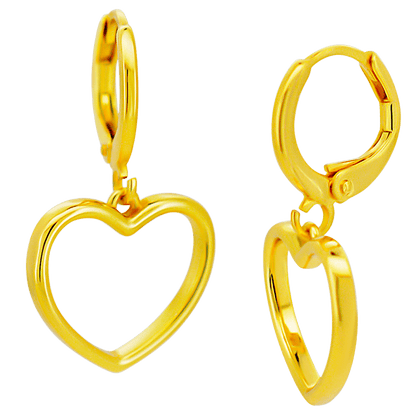 Hypoallergenic 316L Stainless Steel Hollow Heart Dangling Huggies – Clip-On Earrings in gold.