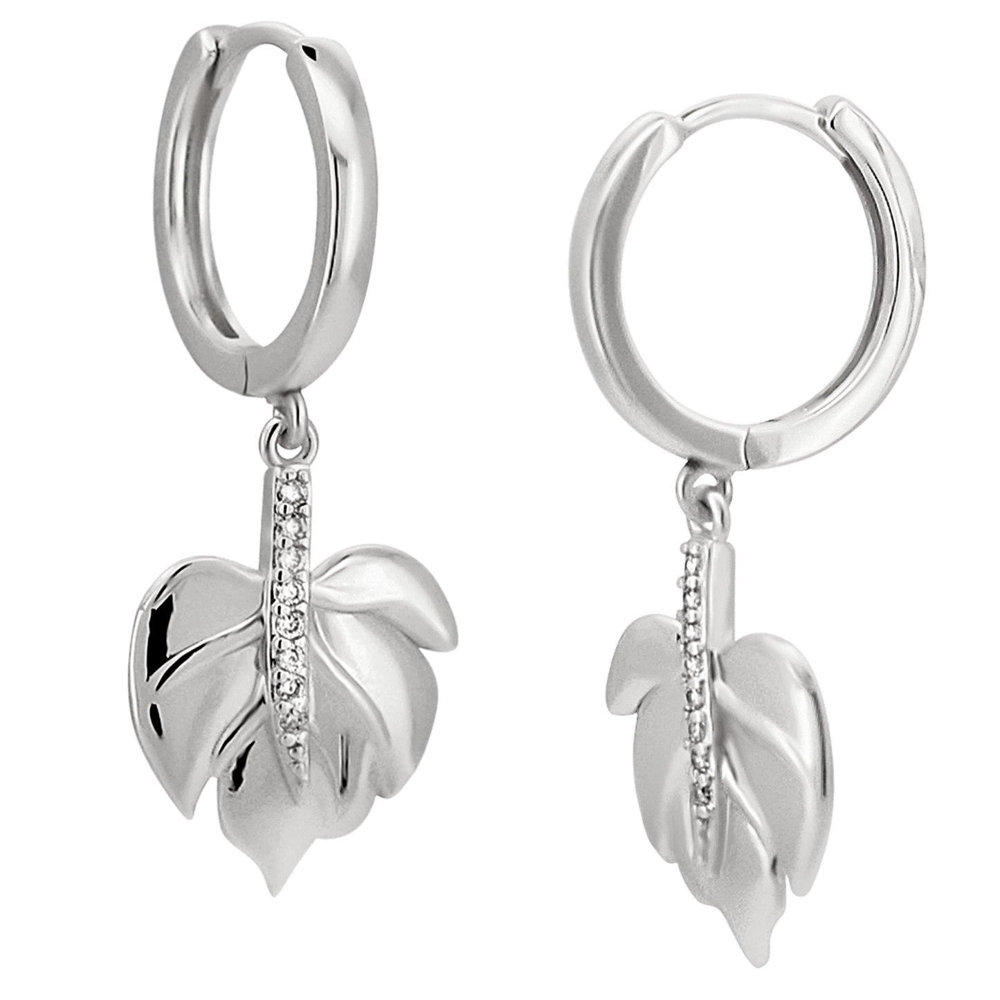 Hypoallergenic 316L Stainless Steel Dangling Leaf Zircon Huggies – Gold & Steel Plated Clip-On Earrings.