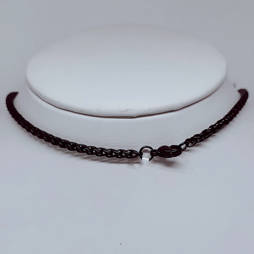 Black Enamel Stainless Steel Spiga Chain Necklace – 3mm Sleek Wheat Link on display
