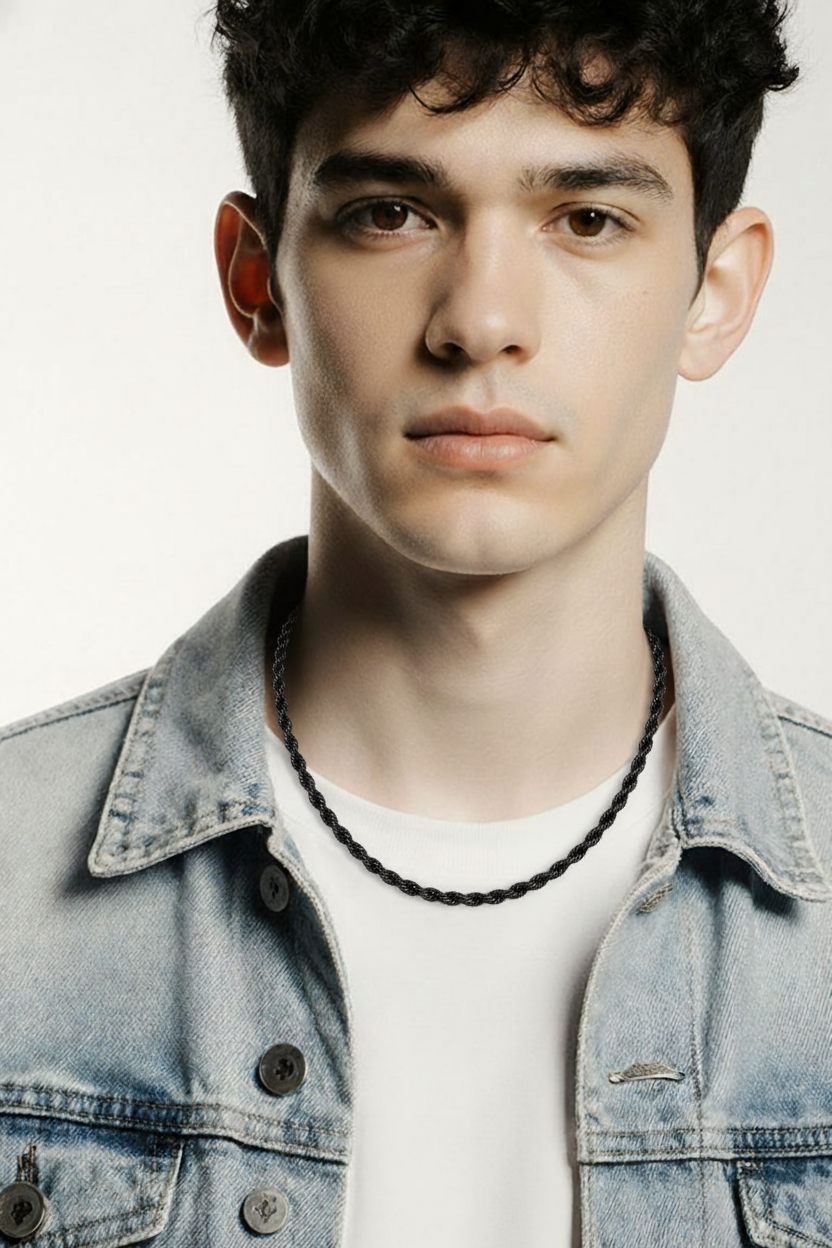 Midnight Steel: 4mm Black Enamel Rope Necklace worn by a model in a denim jacket.
