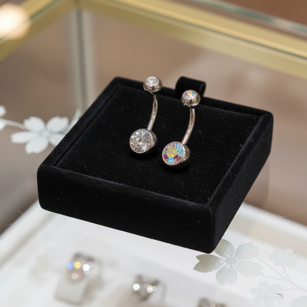 316L Surgical Steel Double Gem Cubic Zirconia Belly Navel Ring  Clear Color - 8x5mm Ball - 14g Thickness - 11mm Length