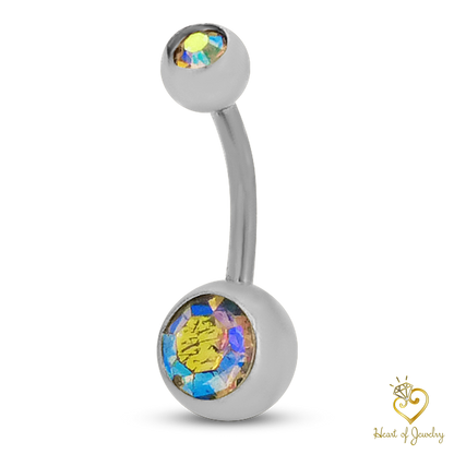316L Surgical Steel Double Gem Cubic Zirconia Belly Navel Ring  Clear Color - 8x5mm Ball - 14g Thickness - 11mm Length