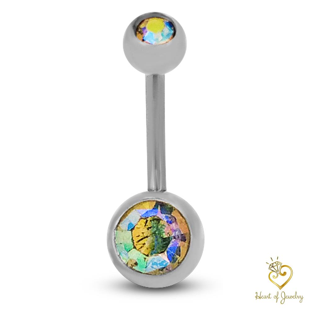 316L Surgical Steel Double Gem Cubic Zirconia Belly Navel Ring  Clear Color - 8x5mm Ball - 14g Thickness - 11mm Length