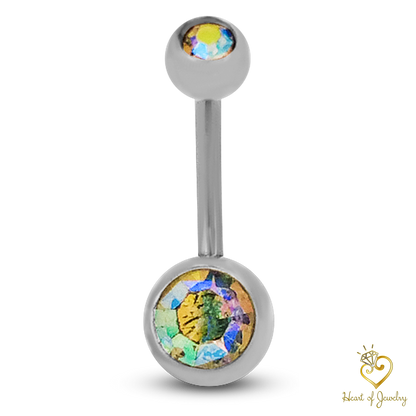 316L Surgical Steel Double Gem Cubic Zirconia Belly Navel Ring  Clear Color - 8x5mm Ball - 14g Thickness - 11mm Length