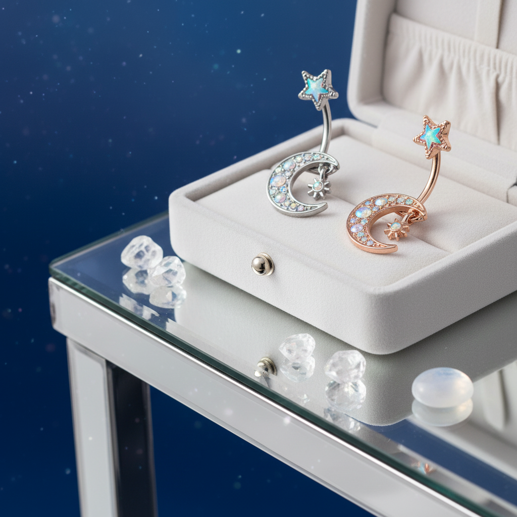 316L Surgical Steel Crescent Moon with Cubic Zirconia Design Belly Navel Ring 15.5x5mm Ball - 14g Thickness - 11mm Length