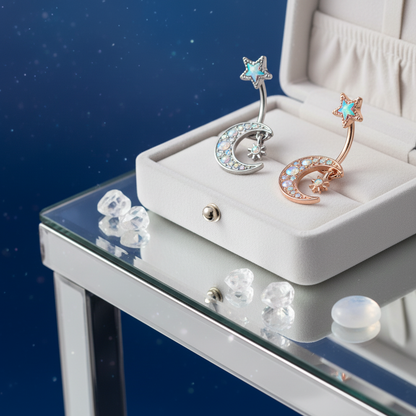 316L Surgical Steel Crescent Moon with Cubic Zirconia Design Belly Navel Ring 15.5x5mm Ball - 14g Thickness - 11mm Length