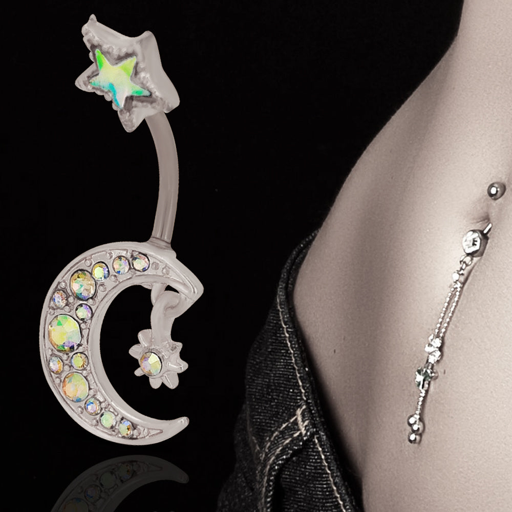 316L Surgical Steel Crescent Moon with Cubic Zirconia Design Belly Navel Ring 15.5x5mm Ball - 14g Thickness - 11mm Length