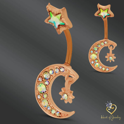 316L Surgical Steel Crescent Moon with Cubic Zirconia Design Belly Navel Ring 15.5x5mm Ball - 14g Thickness - 11mm Length