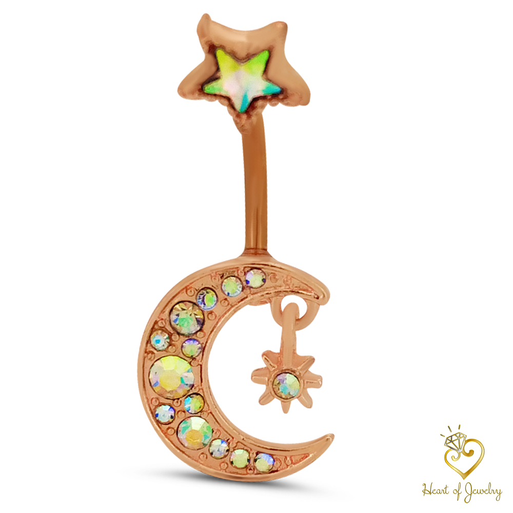 316L Surgical Steel Crescent Moon with Cubic Zirconia Design Belly Navel Ring 15.5x5mm Ball - 14g Thickness - 11mm Length