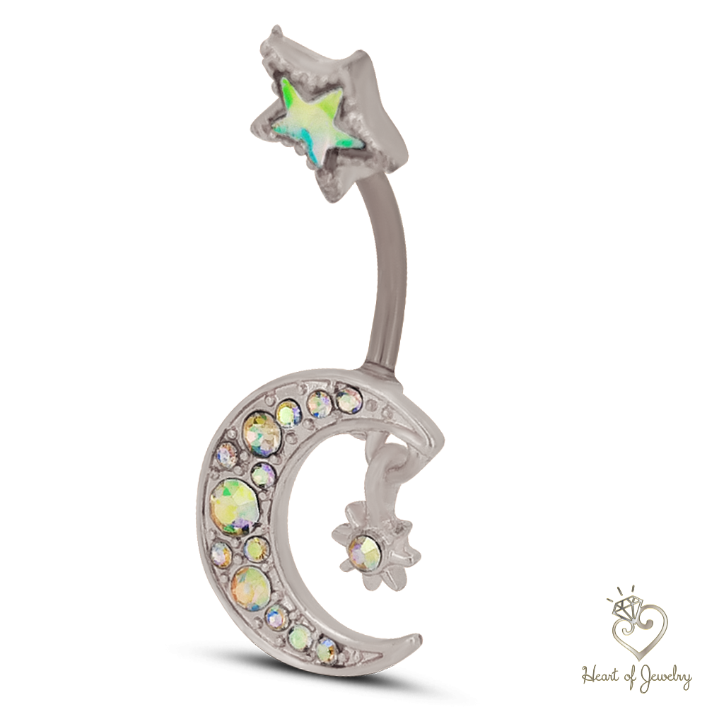 316L Surgical Steel Crescent Moon with Cubic Zirconia Design Belly Navel Ring 15.5x5mm Ball - 14g Thickness - 11mm Length
