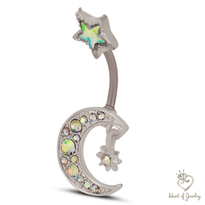 316L Surgical Steel Crescent Moon with Cubic Zirconia Design Belly Navel Ring 15.5x5mm Ball - 14g Thickness - 11mm Length
