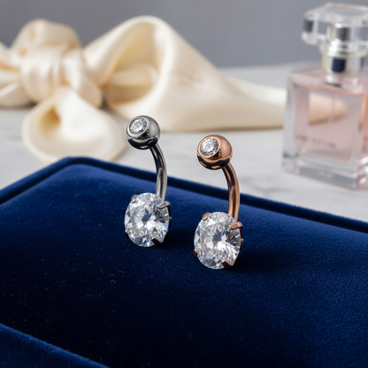 316L Surgical Steel Prong Set Cubic Zirconia Belly Navel Ring  Steel Clear Color - 8x5mm Ball - 14g Thickness - 10mm Length