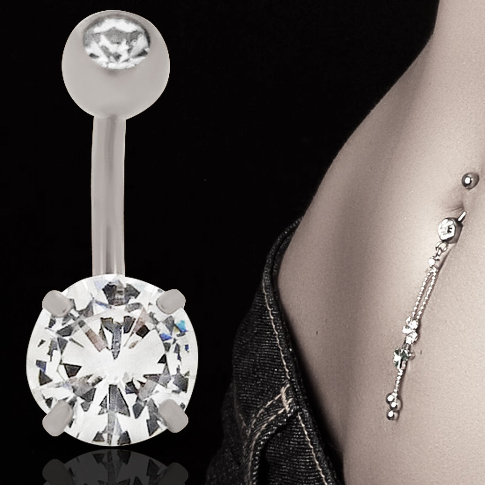 316L Surgical Steel Prong Set Cubic Zirconia Belly Navel Ring  Steel Clear Color - 8x5mm Ball - 14g Thickness - 10mm Length
