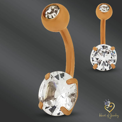 316L Surgical Steel Prong Set Cubic Zirconia Belly Navel Ring  Steel Clear Color - 8x5mm Ball - 14g Thickness - 10mm Length