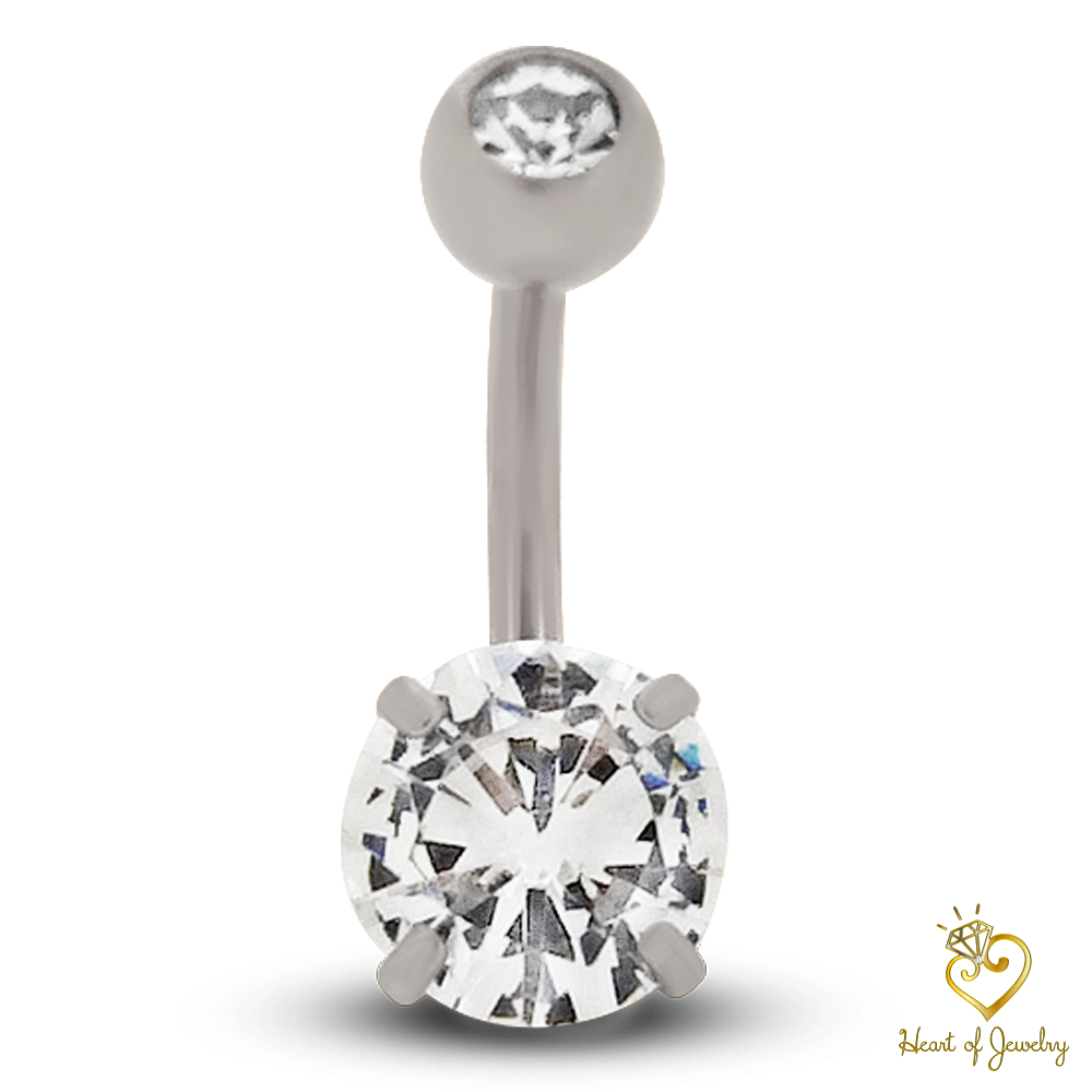 316L Surgical Steel Prong Set Cubic Zirconia Belly Navel Ring  Steel Clear Color - 8x5mm Ball - 14g Thickness - 10mm Length