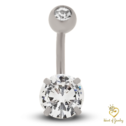 316L Surgical Steel Prong Set Cubic Zirconia Belly Navel Ring  Steel Clear Color - 8x5mm Ball - 14g Thickness - 10mm Length