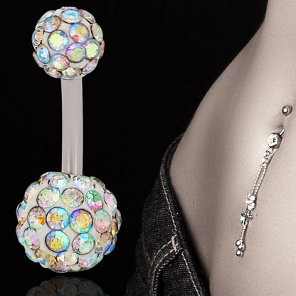 316L Surgical Steel Multi Cubic Zirconia Disco Ball Design  Belly Navel Ring  Steel  - 8x5mm Ball - 14g Thickness - 10mm Length