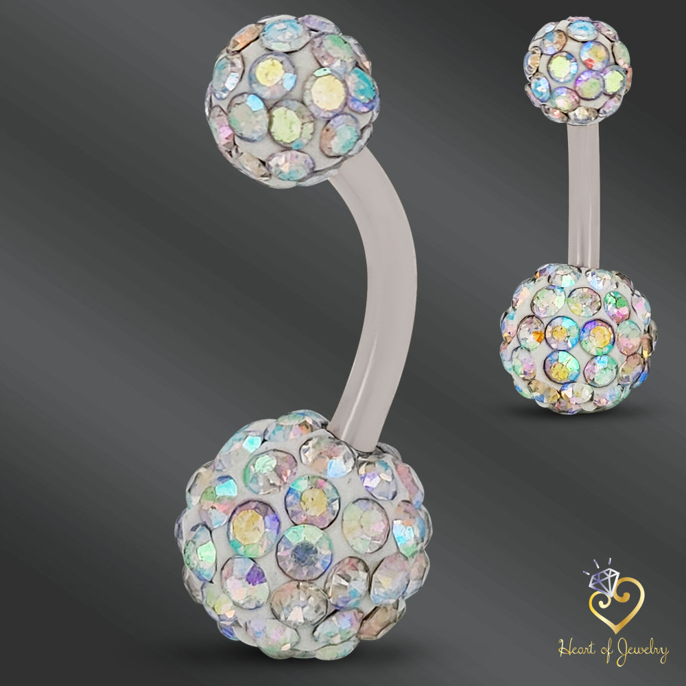 316L Surgical Steel Multi Cubic Zirconia Disco Ball Design  Belly Navel Ring  Steel  - 8x5mm Ball - 14g Thickness - 10mm Length