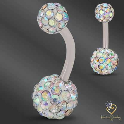 316L Surgical Steel Multi Cubic Zirconia Disco Ball Design  Belly Navel Ring  Steel  - 8x5mm Ball - 14g Thickness - 10mm Length