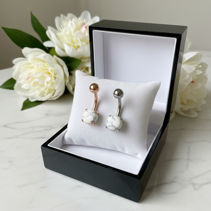 316L Surgical Steel Prong Set Howlite Resemble Stone Belly Navel Ring  Steel Color - 8x5mm Ball - 14g Thickness - 11mm Length