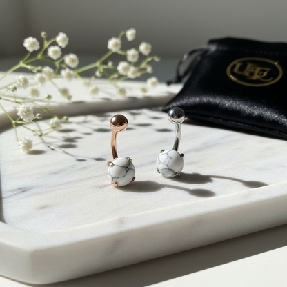 316L Surgical Steel Prong Set Howlite Resemble Stone Belly Navel Ring  Steel Color - 8x5mm Ball - 14g Thickness - 11mm Length