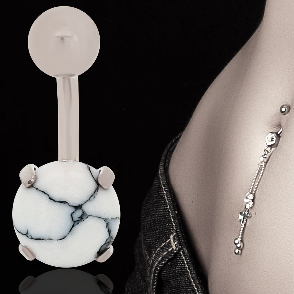 316L Surgical Steel Prong Set Howlite Resemble Stone Belly Navel Ring  Steel Color - 8x5mm Ball - 14g Thickness - 11mm Length