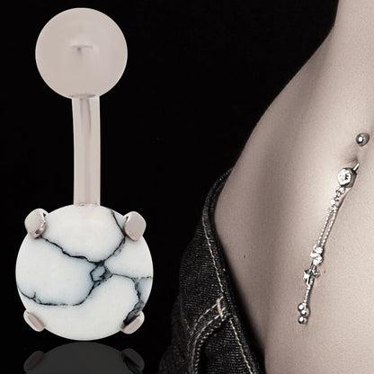 316L Surgical Steel Prong Set Howlite Resemble Stone Belly Navel Ring  Steel Color - 8x5mm Ball - 14g Thickness - 11mm Length