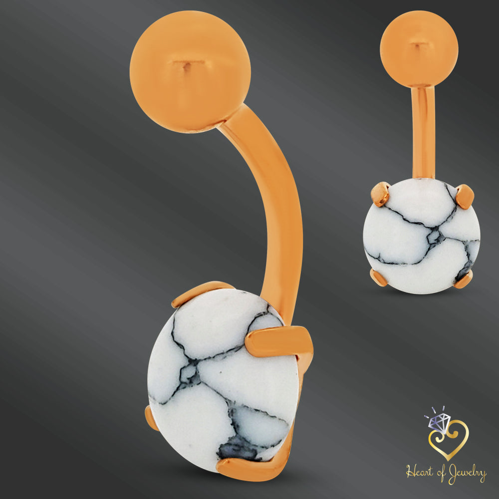 316L Surgical Steel Prong Set Howlite Resemble Stone Belly Navel Ring  Steel Color - 8x5mm Ball - 14g Thickness - 11mm Length