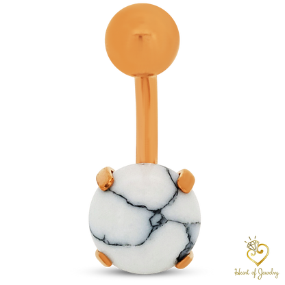 316L Surgical Steel Prong Set Howlite Resemble Stone Belly Navel Ring  Steel Color - 8x5mm Ball - 14g Thickness - 11mm Length