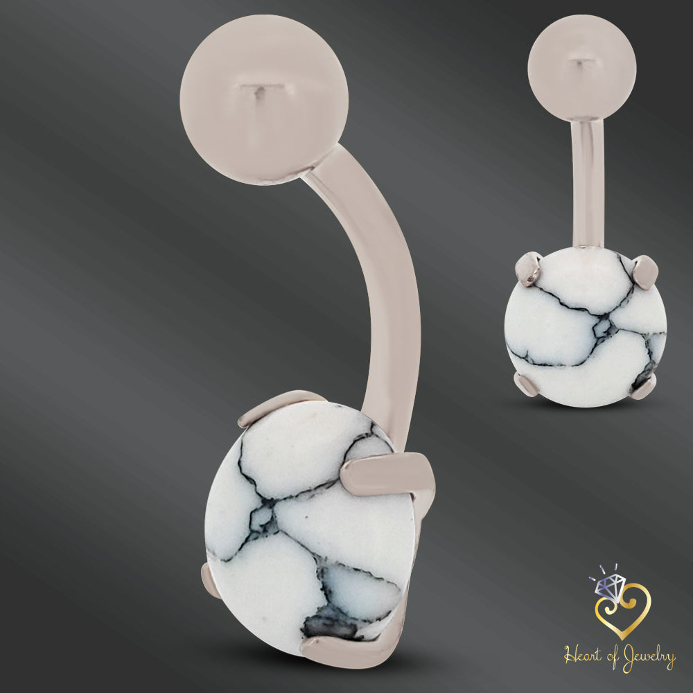 316L Surgical Steel Prong Set Howlite Resemble Stone Belly Navel Ring  Steel Color - 8x5mm Ball - 14g Thickness - 11mm Length